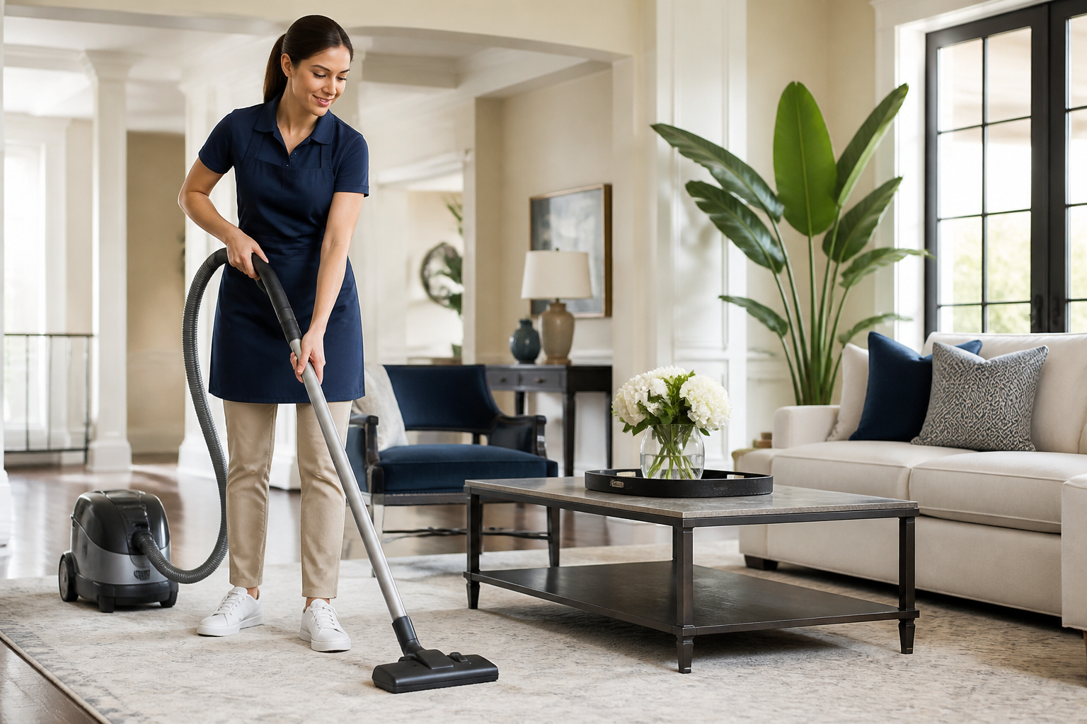 Professional maid vacuuming a living room